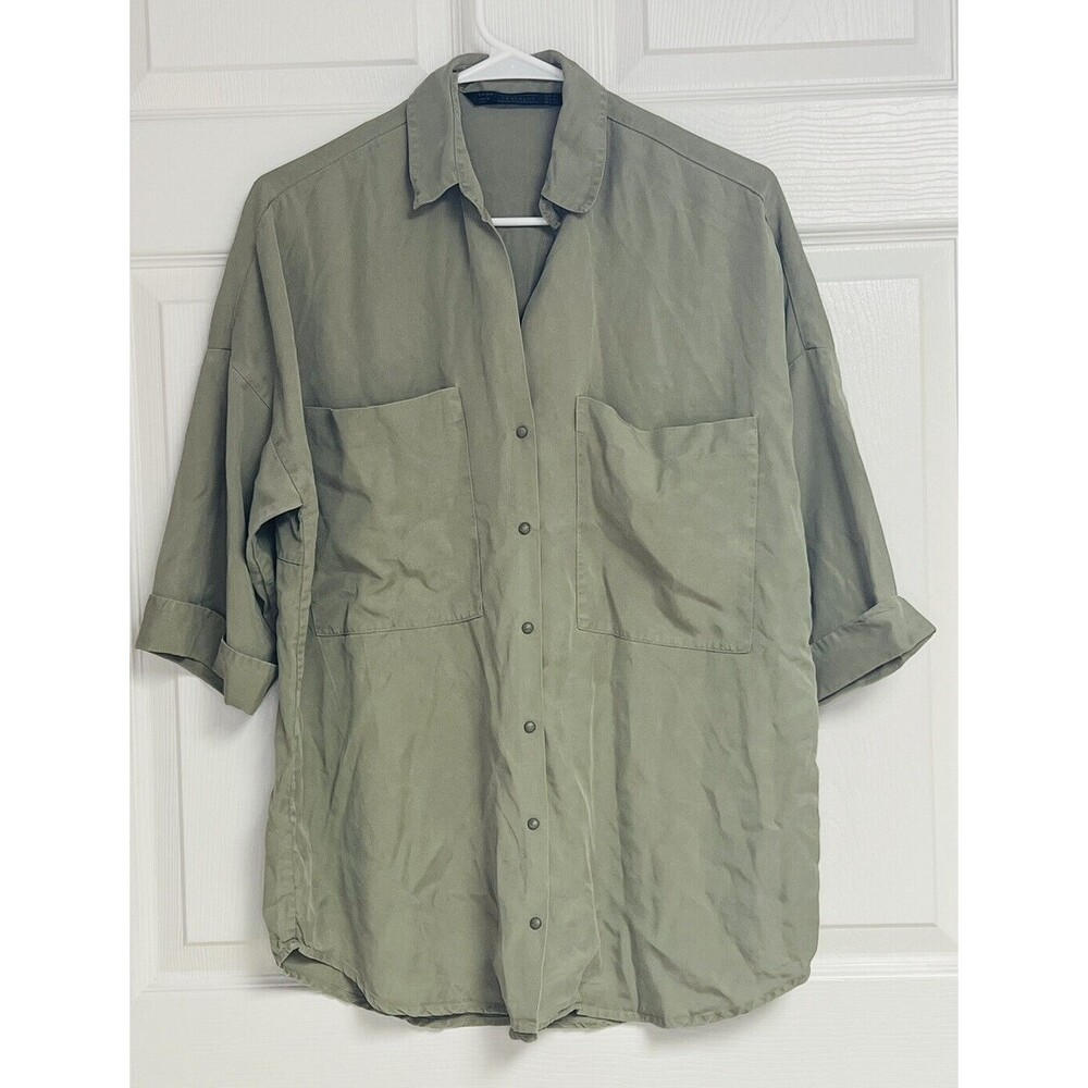 Zara Trafaluc Lyocell Button Down Shirt Green XS Oversized Slouchy